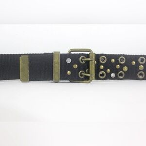 Studded Rhinestone Black Webbed Fabric Belt with Antiqued Brass Double Prong